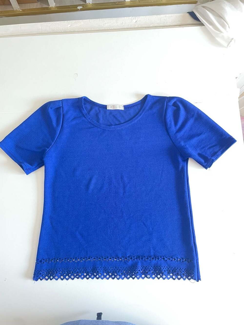 Cobalt Blue Short Sleeve Textured Knit Top with Eyelet Lace Trim Hem 10